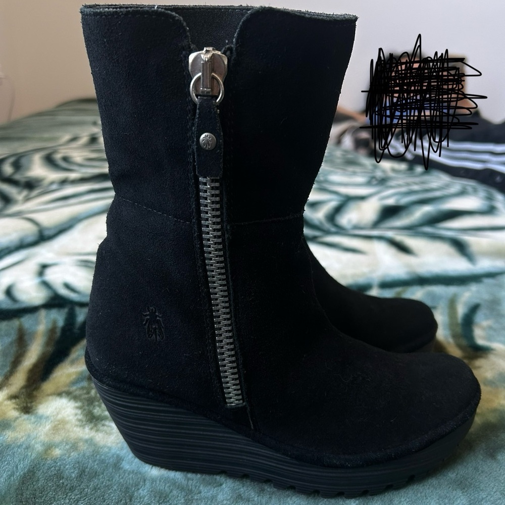 -Fly London Vex Black Suede Foldover Wedge Ankle Boots
-Size 37/ 6.5
